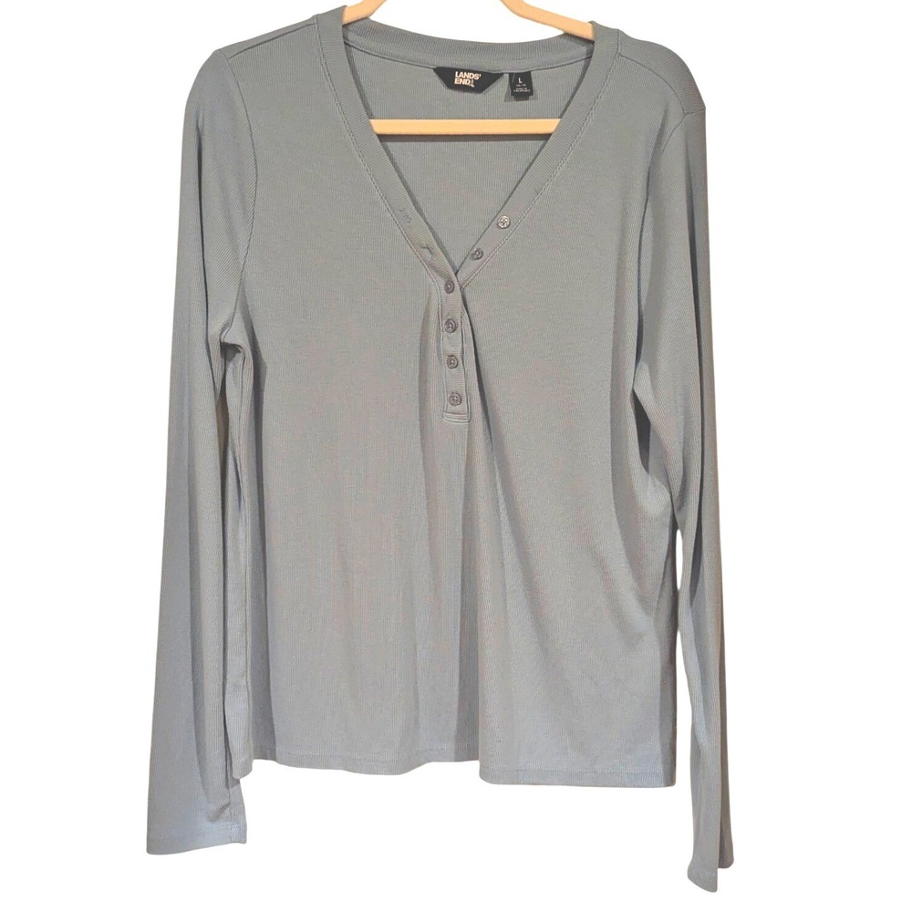 Lands End Blue Ribbed Henley Long Sleeve Shirt Size Lg Y2K Twilight bella style - Picture 1 of 6